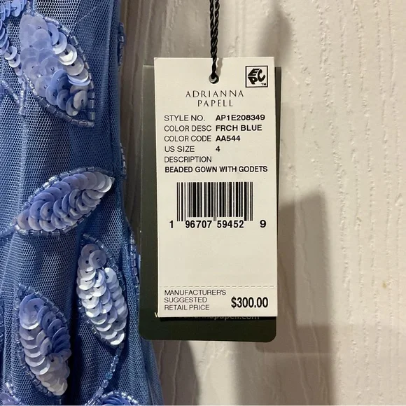 Beautiful Adrianna Papell Blue Dress with Floral Beaded & Sequins Embroidery - Picture 5 of 15